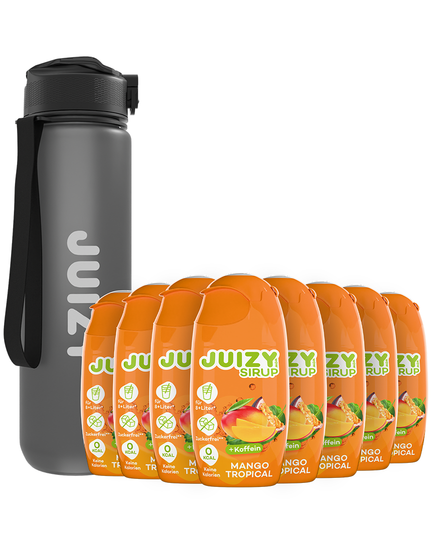 Nachmittagstief-Set – 8 × Mango Tropical mit Koffein + Trinkflasche