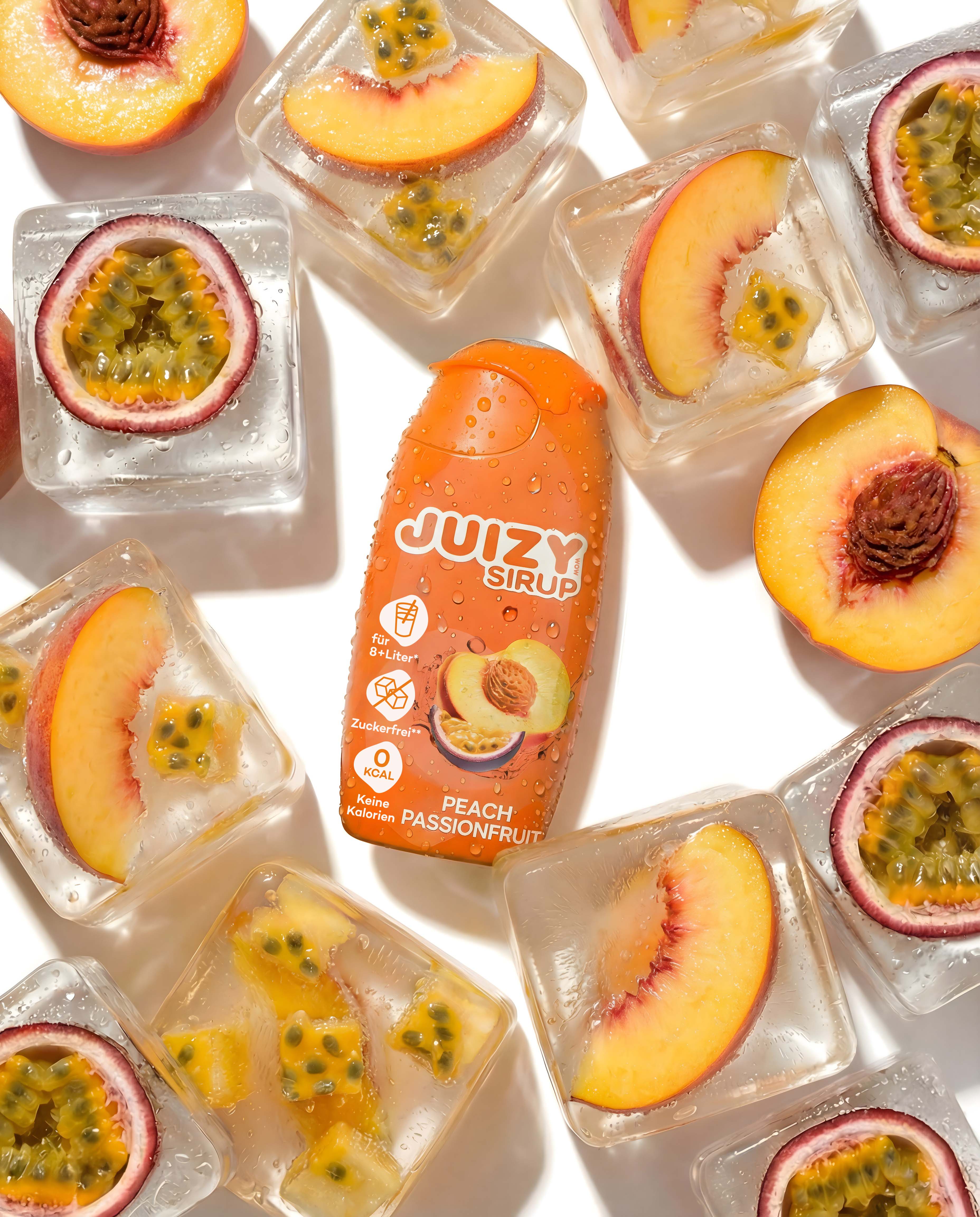 Juizy Peach Passionfruit mit Eiswürfel 